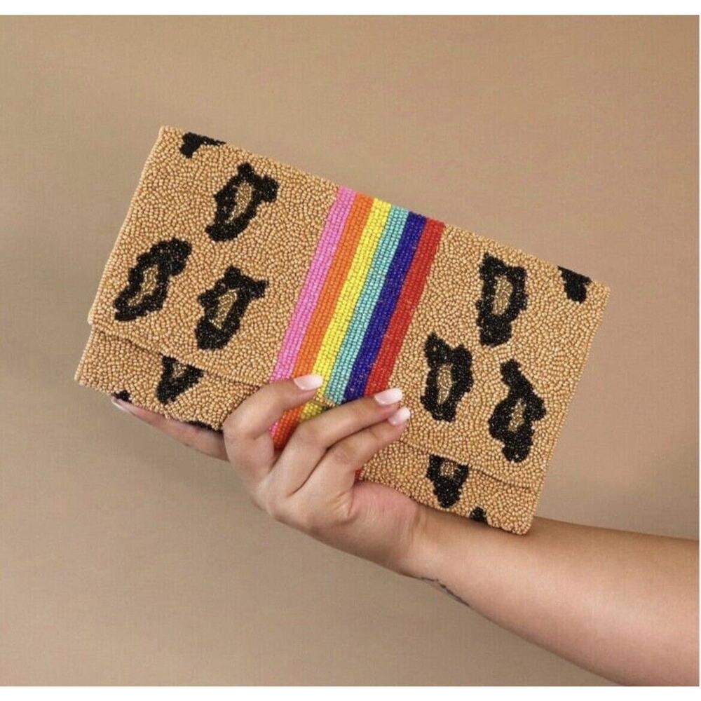 Boutique Leopard Rainbow Color‎ Block Seed Beaded Clutch / Crossbody Bag